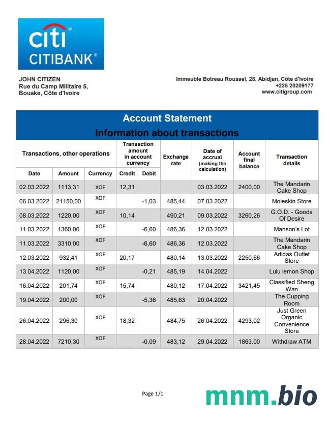 Cote d' Ivoire Citibank wyciąg bankowy xls